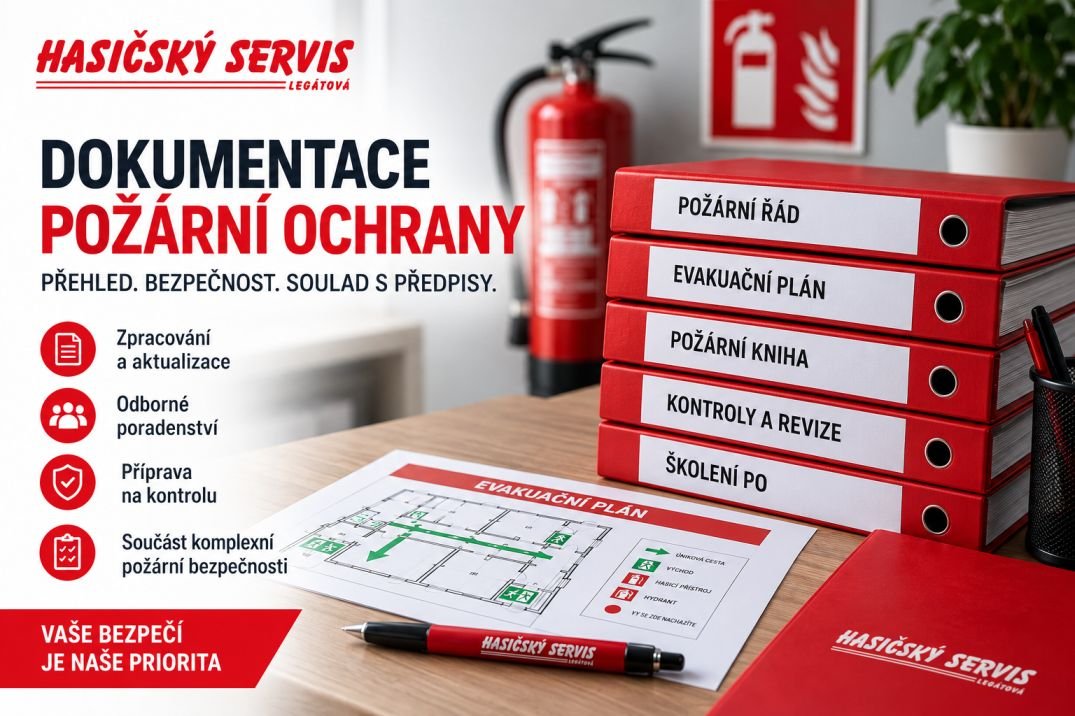 Dokumentace požární ochrany se složkou, kontrolním seznamem, požárním značením a logem Hasičský servis Legátová.