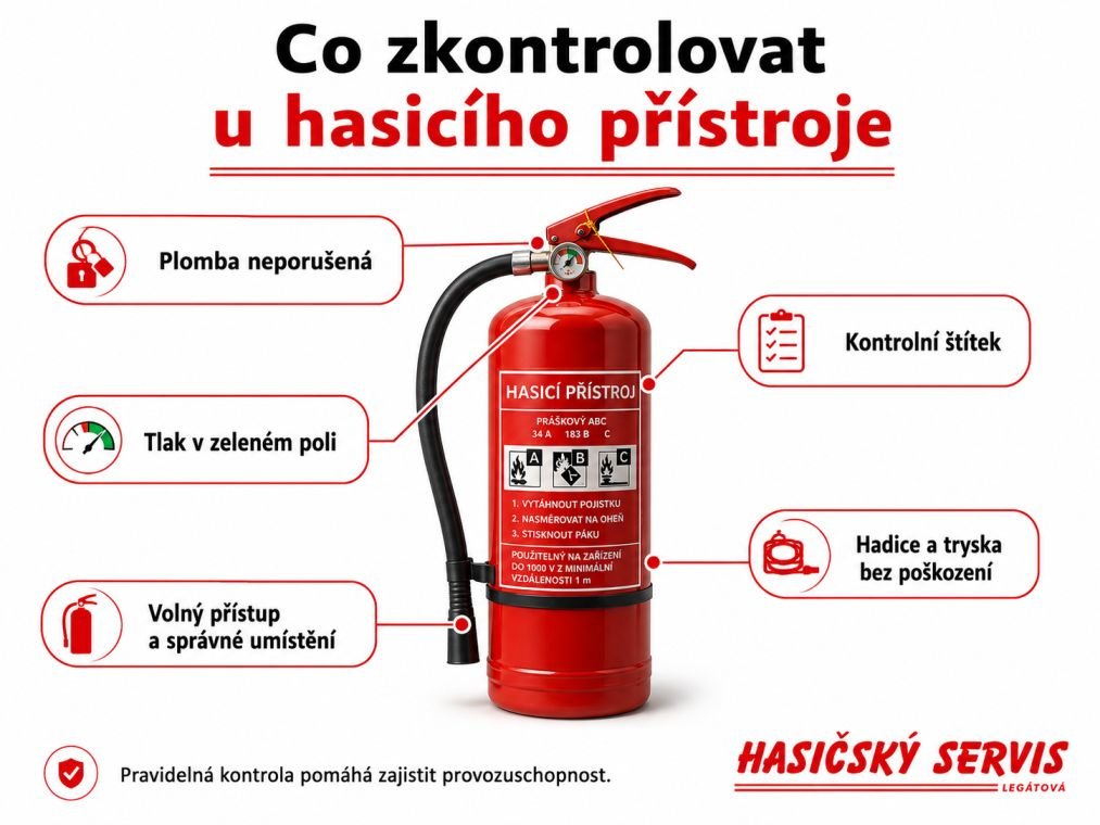 Kontrola hasicího přístroje, plomby, tlaku, štítku, hadice a volného přístupu