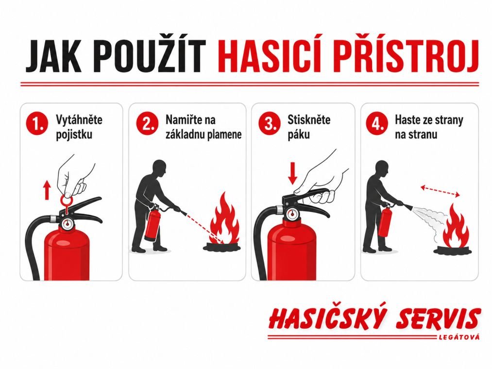 Postup použití hasicího přístroje krok za krokem při začínajícím požáru