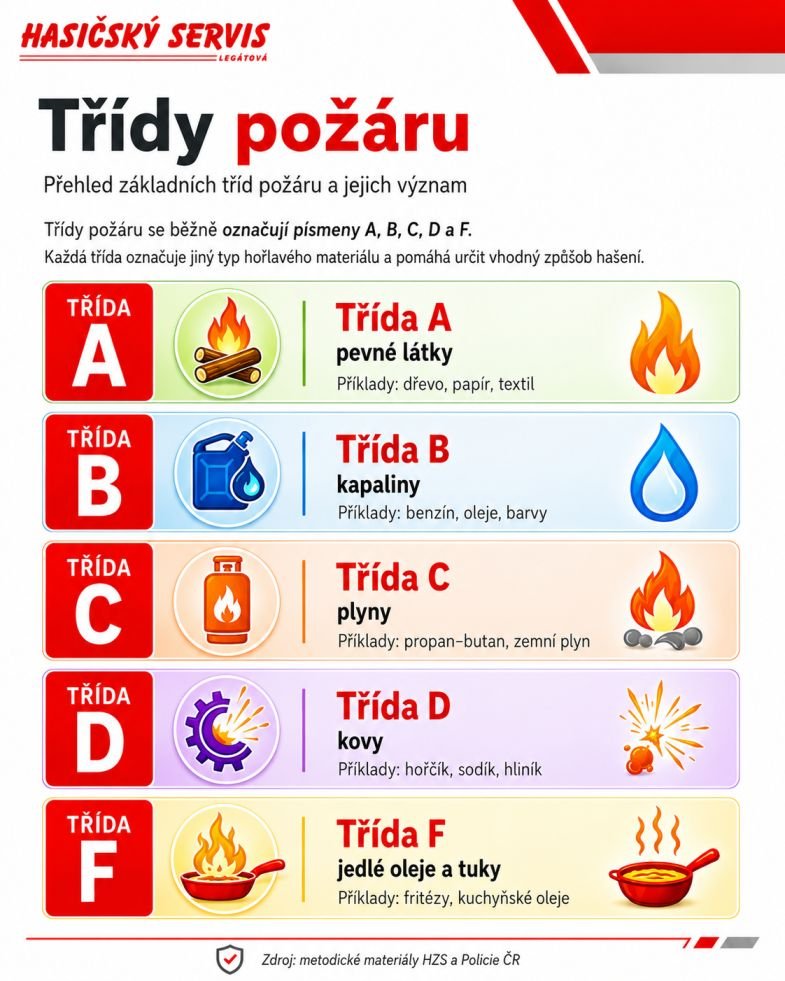 Třídy požáru A, B, C, D a F s příklady hořlavých látek pro výběr vhodného hasicího přístroje