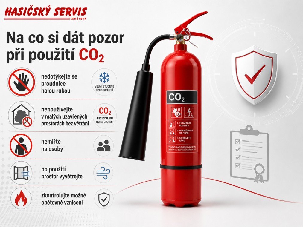 Infografika shrnuje výhody sněhového hasicího přístroje CO2, jako čisté hašení, použití u elektrozařízení a rychlý nástup účinku.