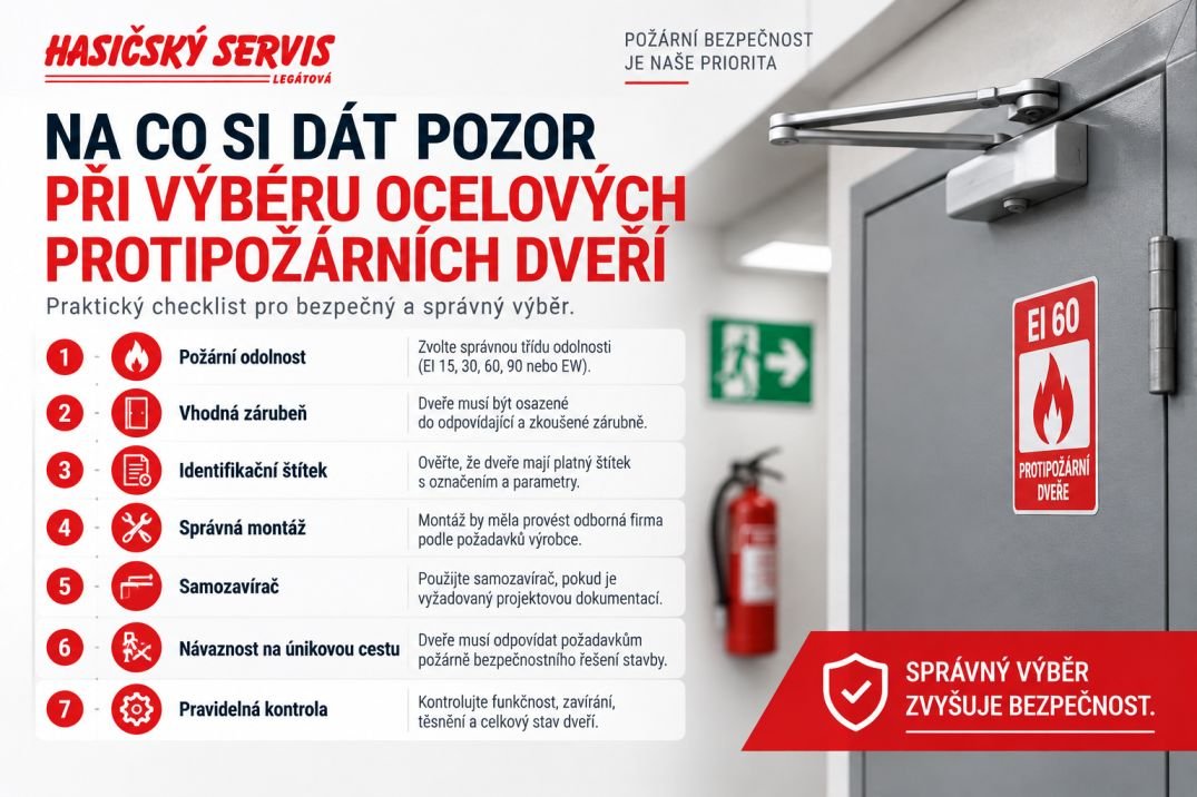 Checklist pro výběr ocelových protipožárních dveří zahrnuje požární odolnost, zárubeň, identifikační štítek, montáž a samozavírač.