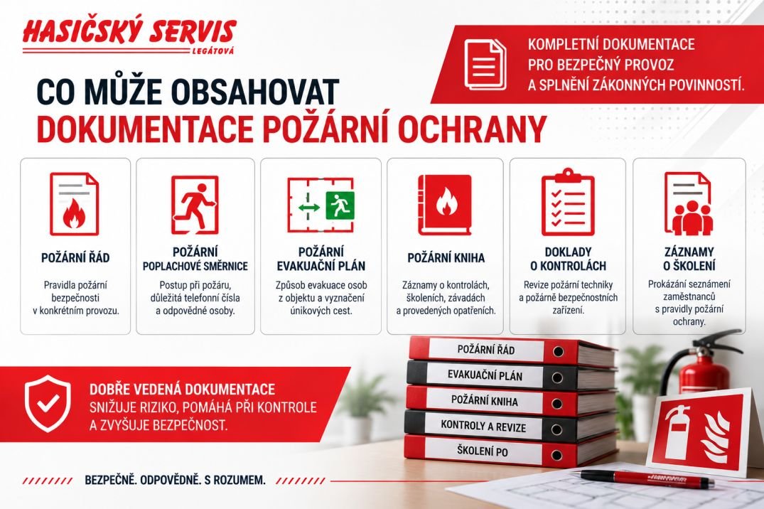 Infografika ukazuje, co může obsahovat dokumentace PO, například požární řád, evakuační plán, požární knihu a doklady o kontrolách.