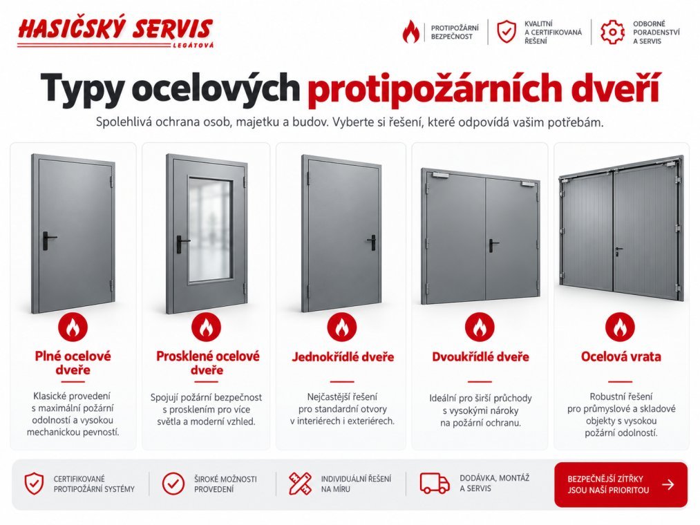 Infografika ukazuje typy ocelových protipožárních dveří, například plné, prosklené, jednokřídlé, dvoukřídlé a vrata.