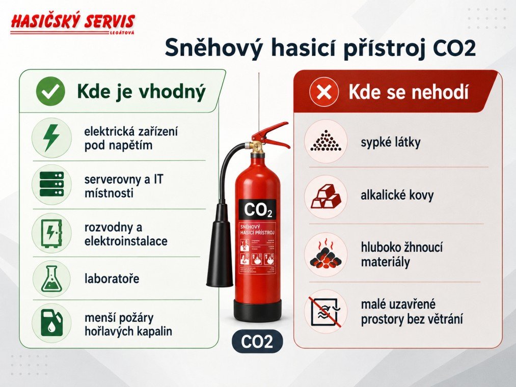 Infografika ukazuje, kde je sněhový hasicí přístroj CO2 vhodný a kde se naopak nehodí.