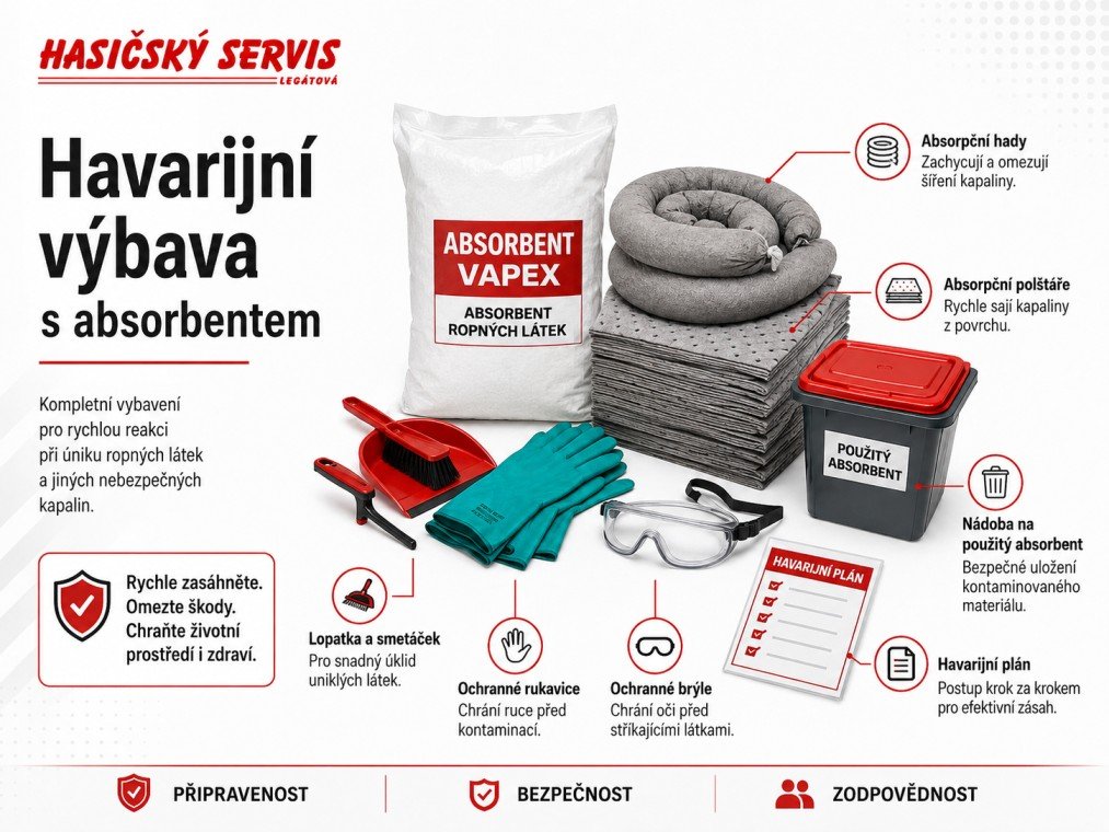 Přehled havarijní výbavy s absorbentem, ochrannými pomůckami, lopatkou a nádobou na použitý sorbent.