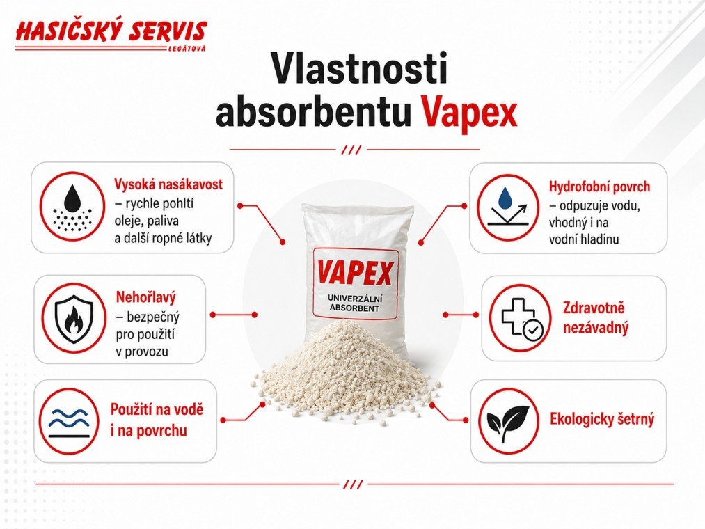Infografika představuje vlastnosti absorbentu Vapex, včetně vysoké nasákavosti, nehořlavosti a použití na ropné látky.