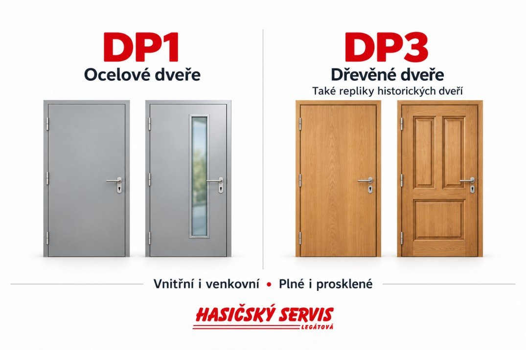 Přehled požárních dveří DP1 v ocelovém provedení a DP3 v dřevěném provedení včetně historických replik.