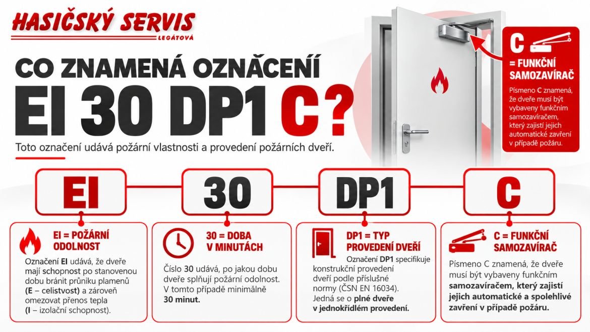 infografika vysvětlující označení EI 30 DP1 C se zvýrazněným písmenem C jako samozavírač.