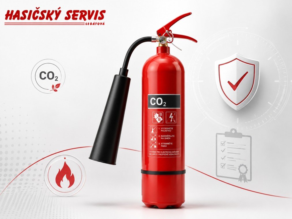 Sněhový hasicí přístroj CO2 s proudnicí a logem Hasičský servis Legátová.