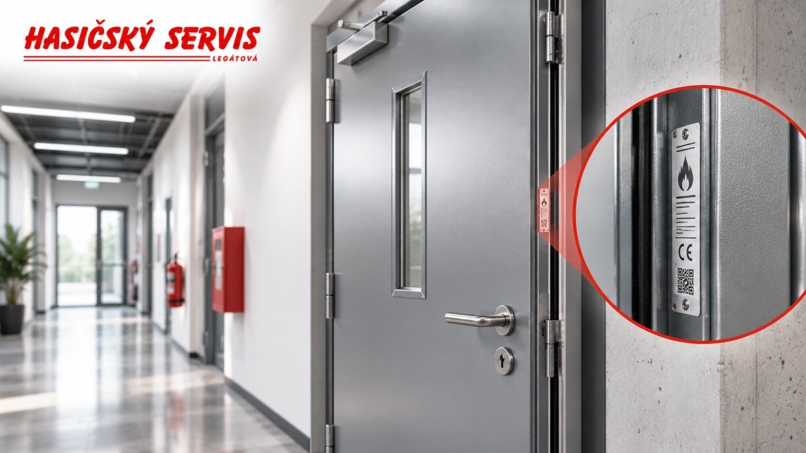 Detail identifikačního štítku na protipožárních dveřích s požárním značením a logem Hasičský servis Legátová.